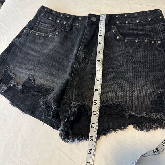 Austin Landing Black Distressed Studded Denim Mini Shorts Women 28” Biker Grunge - Picture 7 of 10